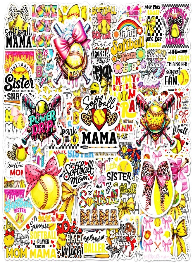 Eclazul Cute Softball Bow Stickers - 100 Pcs Pink Yellow Coquette Sports Party Favors Gifts for Adults Girls Women Team Waterproof Vinyl Decals Accessories Bulk for Water Bottles Journaling Scrapbook - Image 1