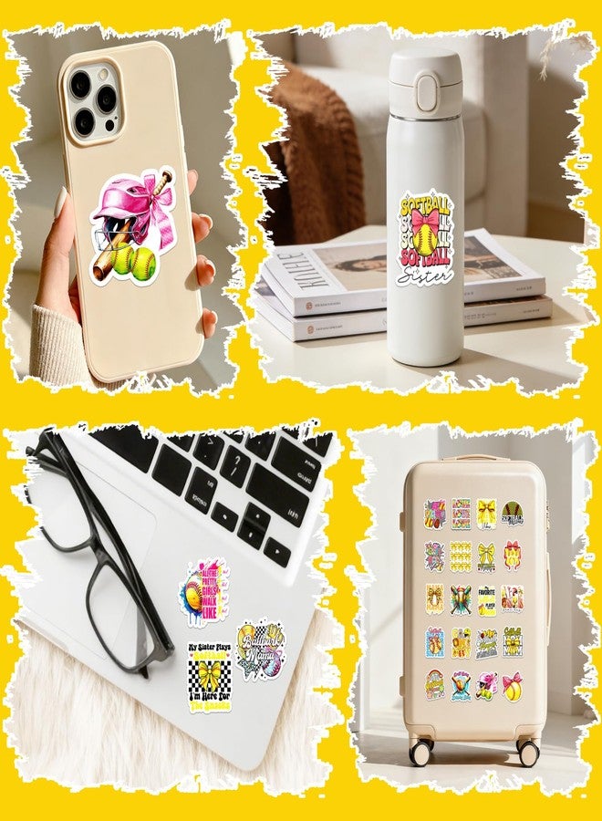 Eclazul Cute Softball Bow Stickers - 100 Pcs Pink Yellow Coquette Sports Party Favors Gifts for Adults Girls Women Team Waterproof Vinyl Decals Accessories Bulk for Water Bottles Journaling Scrapbook - Image 3