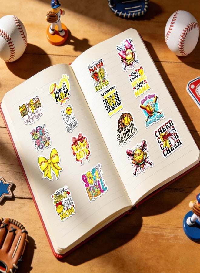 Eclazul Cute Softball Bow Stickers - 100 Pcs Pink Yellow Coquette Sports Party Favors Gifts for Adults Girls Women Team Waterproof Vinyl Decals Accessories Bulk for Water Bottles Journaling Scrapbook - Image 2