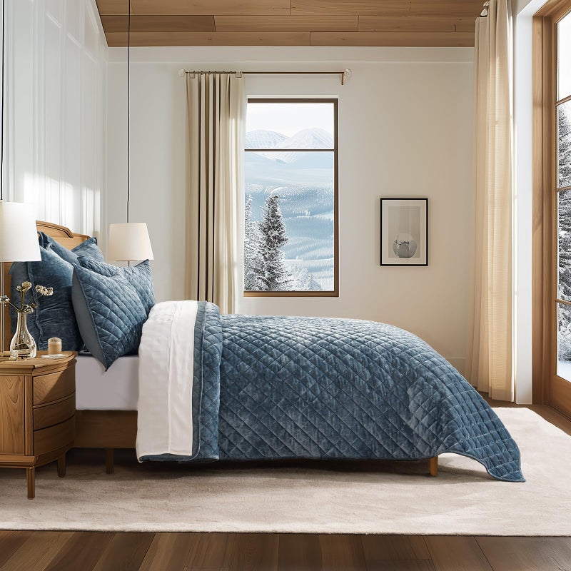 EVERGRACE Luxury Velvet Quilt Set Queen Size, Diamond Quilted Lightweight Velvet Comforter for All Season, Ultra Soft Oversized Bedspread Coverlet Bedding Set with 2 Pillow Shams, Stormy Blue - Image 3