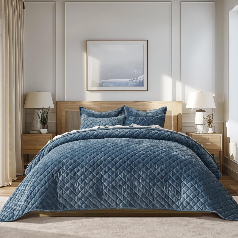 EVERGRACE Luxury Velvet Quilt Set Queen Size, Diamond Quilted Lightweight Velvet Comforter for All Season, Ultra Soft Oversized Bedspread Coverlet Bedding Set with 2 Pillow Shams, Stormy Blue - Image 1