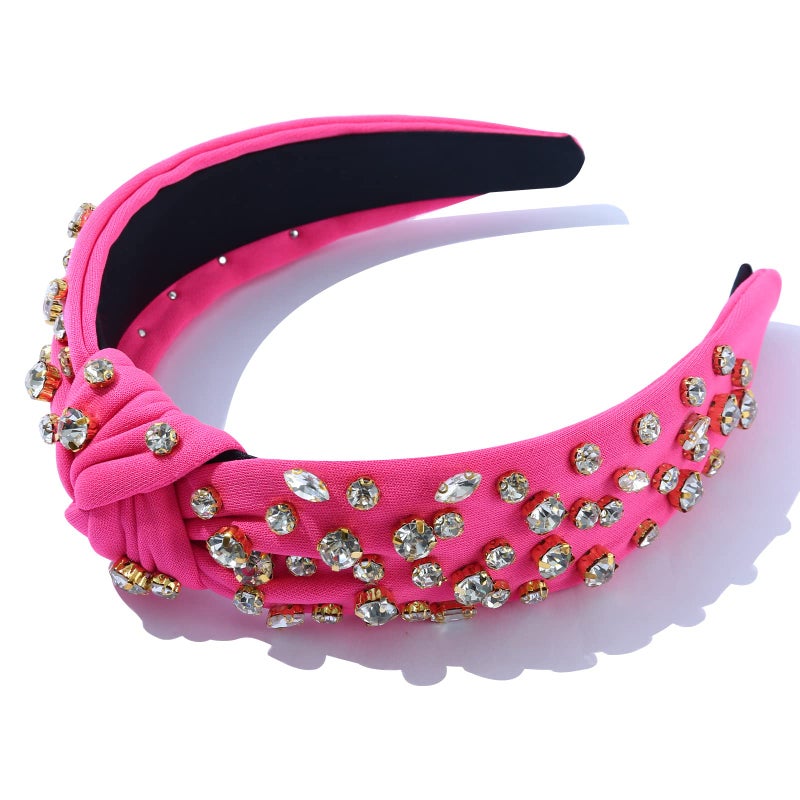 FEDANS Women Knotted Jeweled Pink Headband Rhinestone Crystal Embellished Mixed Top Hairband ladies Twist Nylon Hair accessories for Girls