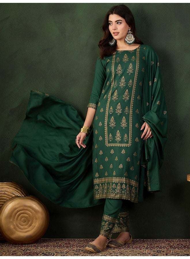 أيه كيه إس طقم كورتا حريري مطبوع باللون الأخضر الزمردي مع دوباتا - Image 1