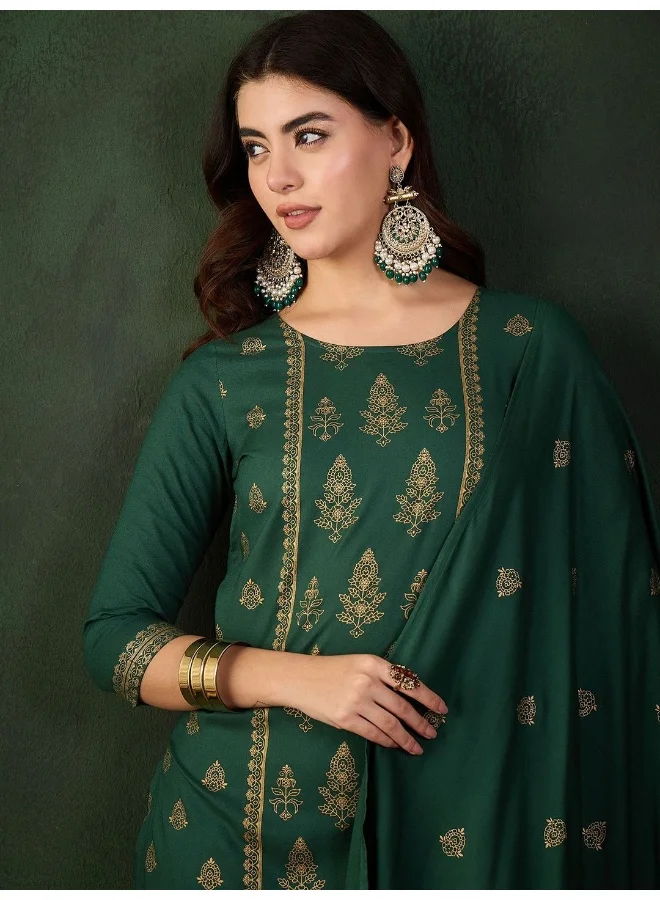 AKS Emerald Green Gold Printed Rayon Kurta Set With Dupatta