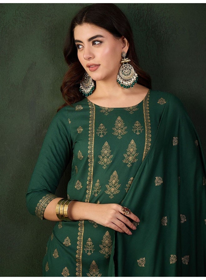 أيه كيه إس طقم كورتا حريري مطبوع باللون الأخضر الزمردي مع دوباتا - Image 2