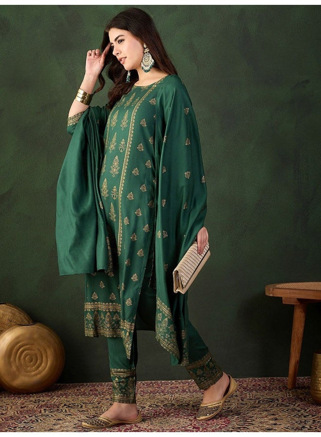 أيه كيه إس طقم كورتا حريري مطبوع باللون الأخضر الزمردي مع دوباتا - Image 5