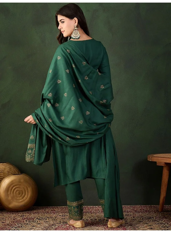 AKS Emerald Green Gold Printed Rayon Kurta Set With Dupatta