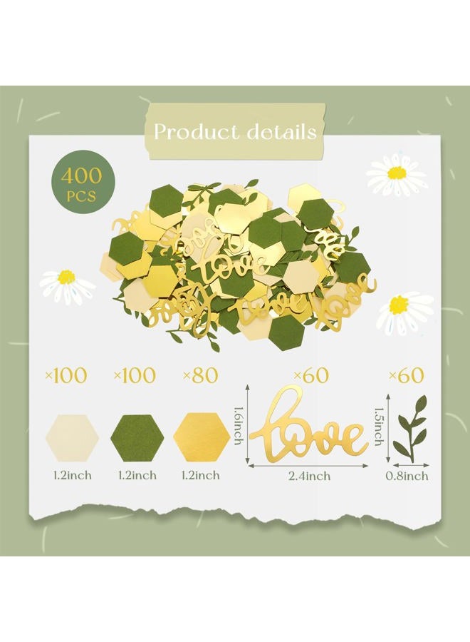 Minatee 400 Pcs Wedding Confetti Decorations, Sage Olive Green Confetti Romantic Table Confetti Dots with Eucalyptus and Gold Love Confetti for Wedding Decor - Image 2