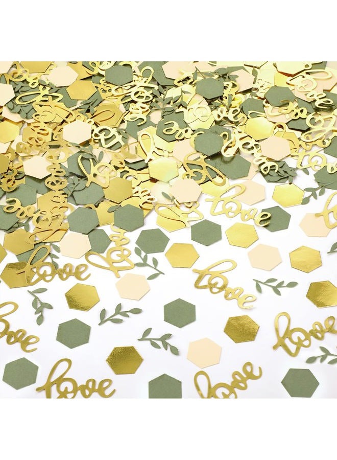 Minatee 400 Pcs Wedding Confetti Decorations, Sage Olive Green Confetti Romantic Table Confetti Dots with Eucalyptus and Gold Love Confetti for Wedding Decor - Image 1