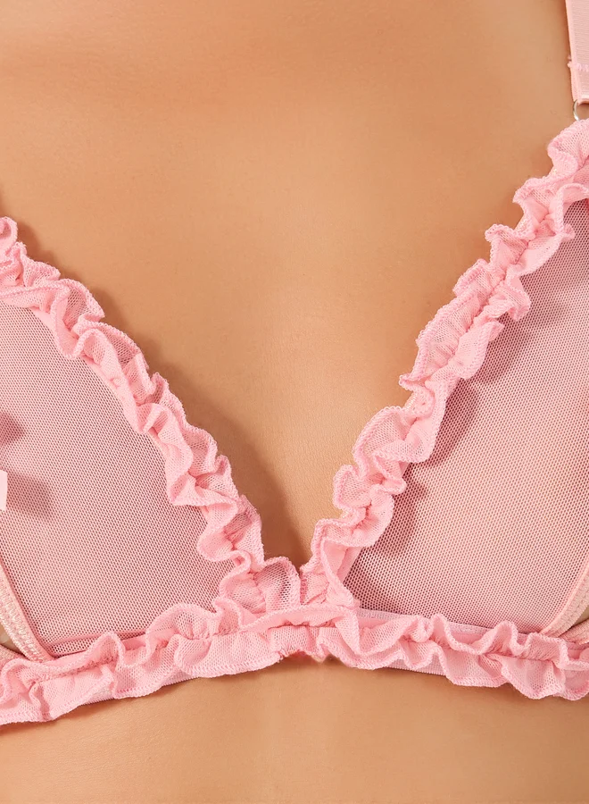 Styli Styli Non-Padded Wired Ruffle Edge Bra and Briefs with Slit and Bow Detail