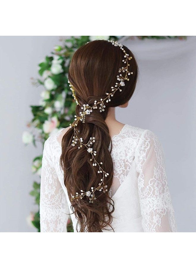 Yean إكليل شعر الزفاف - رباط رأس طويل - إكسسوارات شعر للعروس ووصيفات العروس (100 سم / 39.3 بوصة) (ذهبي) - Image 3
