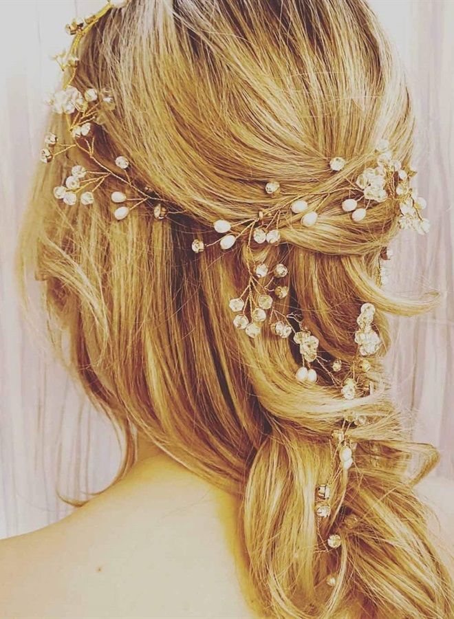 Yean إكليل شعر الزفاف - رباط رأس طويل - إكسسوارات شعر للعروس ووصيفات العروس (100 سم / 39.3 بوصة) (ذهبي) - Image 5