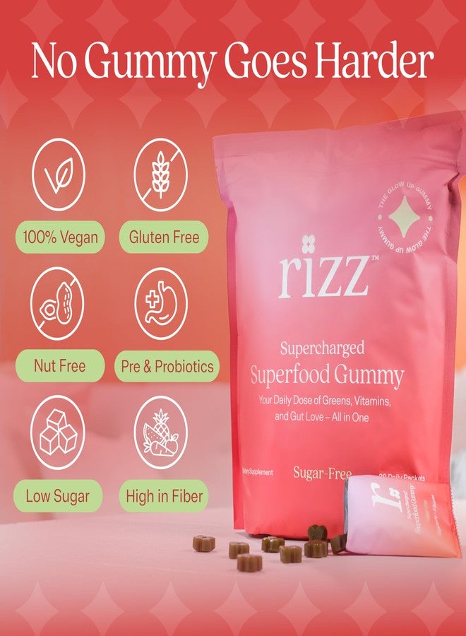 Rizz Sugar-Free Green Gummies - 60+ Superfoods 6g Fiber - Prebiotic and Probiotic Gummies - Vegan Multivitamins for Women & Men - Gluten Free - Mushroom, Fruit and Vegetable Supplements -30 Day Supply - Image 2
