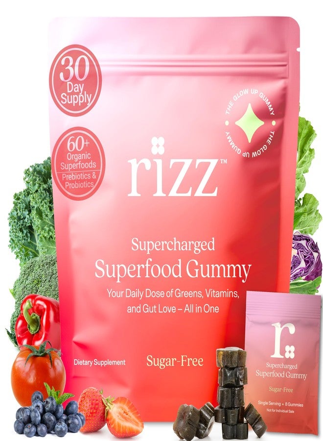 Rizz Sugar-Free Green Gummies - 60+ Superfoods 6g Fiber - Prebiotic and Probiotic Gummies - Vegan Multivitamins for Women & Men - Gluten Free - Mushroom, Fruit and Vegetable Supplements -30 Day Supply - Image 1