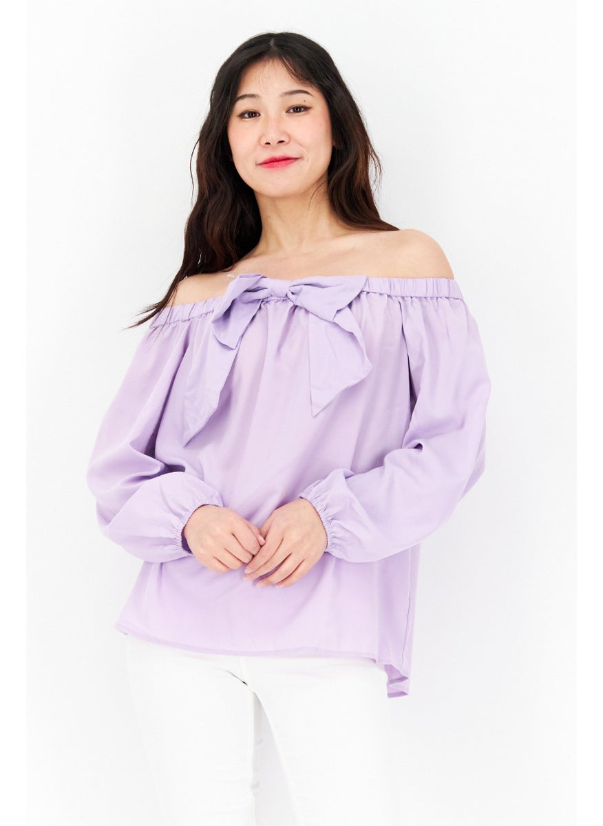 Riley & Rae - Women Off Shoulder Long Sleeve Solid Top, Lilac - Image 1