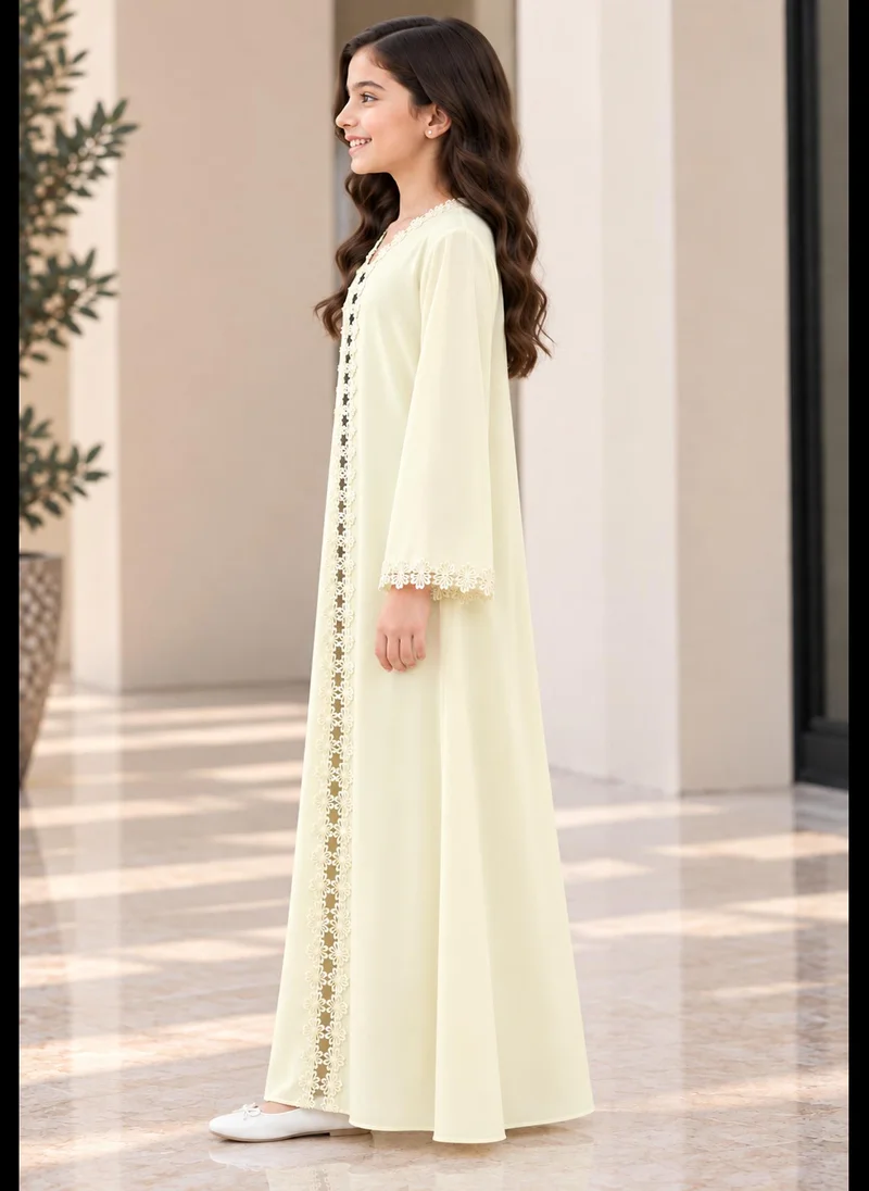MSquare Fashion Girl's  Pastel Yellow Nida Abaya with Lace & Headscarf