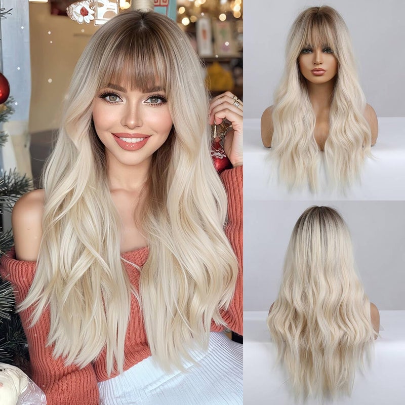 Esmee 26 Inches Long Blonde Wig with Bangs Natural Synthetic Hair Ombre Blonde Wavy Wig with Dark Roots for Women Daily Party Cosplay Wear