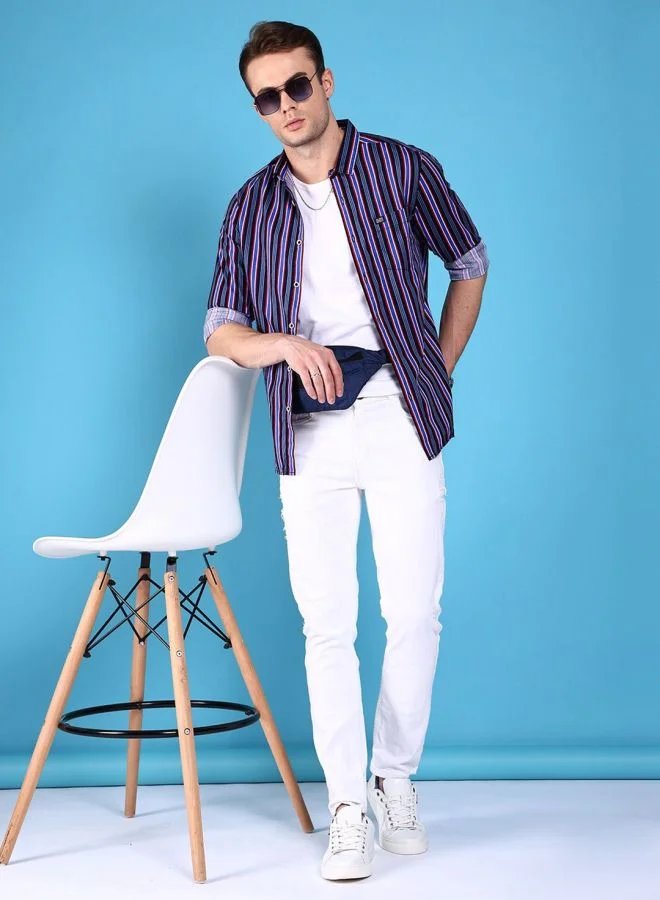 The Indian Garage Co Men Slim Fit Striped Full Sleeves Cutaway Collar Double Flap Pocket Casual Shirt