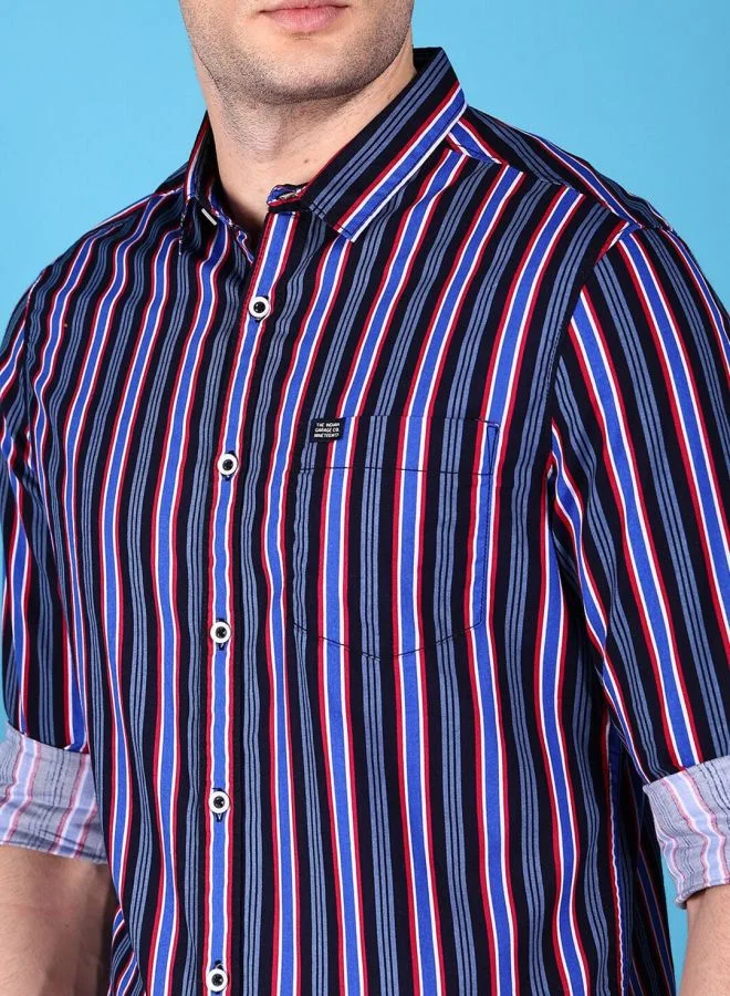 The Indian Garage Co Men Slim Fit Striped Full Sleeves Cutaway Collar Double Flap Pocket Casual Shirt