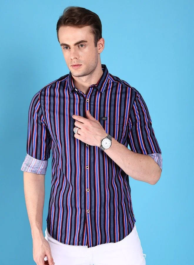The Indian Garage Co Men Slim Fit Striped Full Sleeves Cutaway Collar Double Flap Pocket Casual Shirt