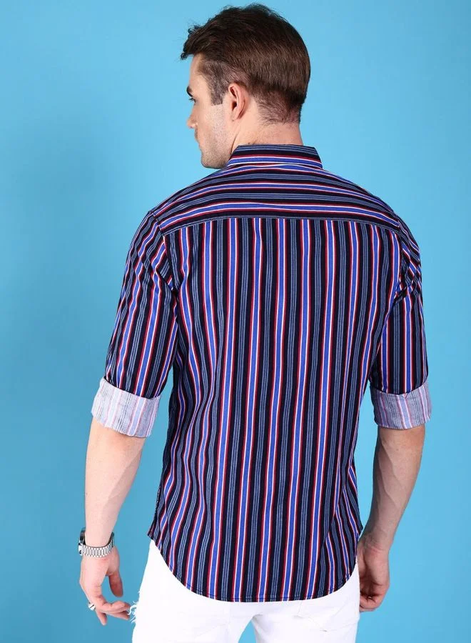 The Indian Garage Co Men Slim Fit Striped Full Sleeves Cutaway Collar Double Flap Pocket Casual Shirt