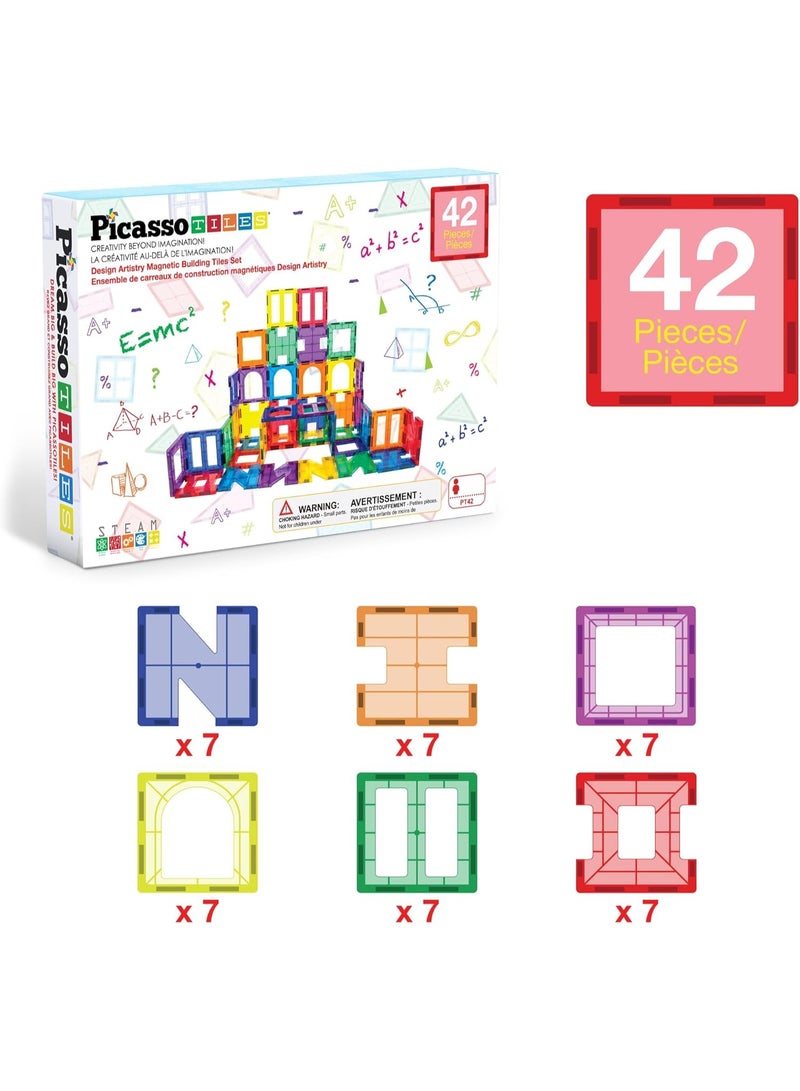 PicassoTiles مجموعة بلاط بيكاسو المغناطيسية للبناء 42 قطعة | كتل بناء | ألعاب STEM | مجموعة ألعاب تعليمية | كتل تكديس | مجموعة بناء للأطفال لتطوير الدماغ - Image 2