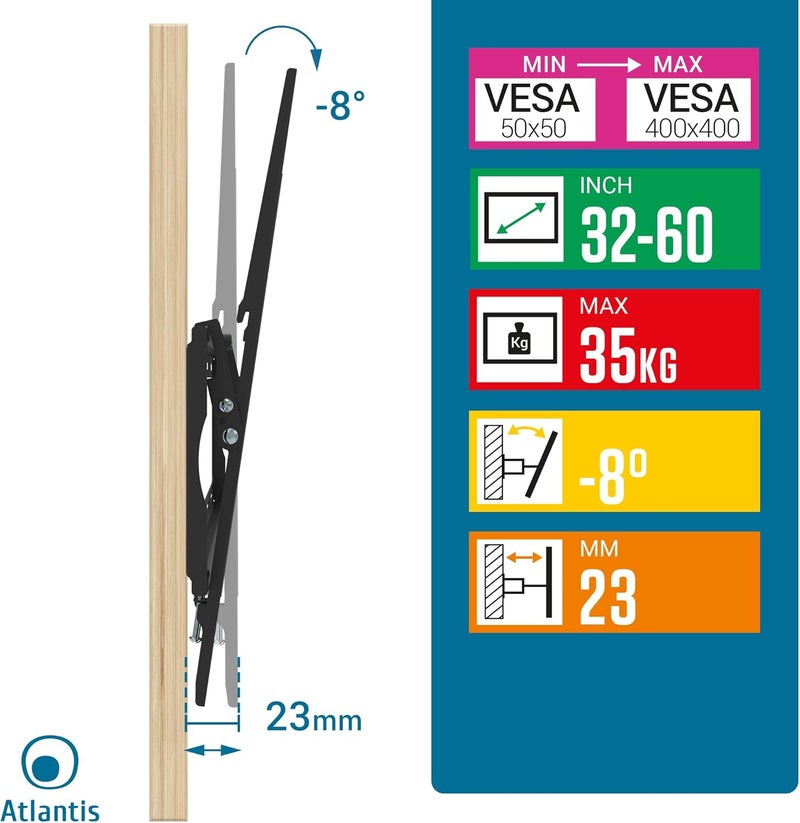 Atlantis P022-286ST TV Wall Mount Tilting Wall Bracket for 32" to 60" TVs, Max 35 kg, Max VESA 400 x 400. Vertical Tilt from 0 ° to -8 °. - Image 4