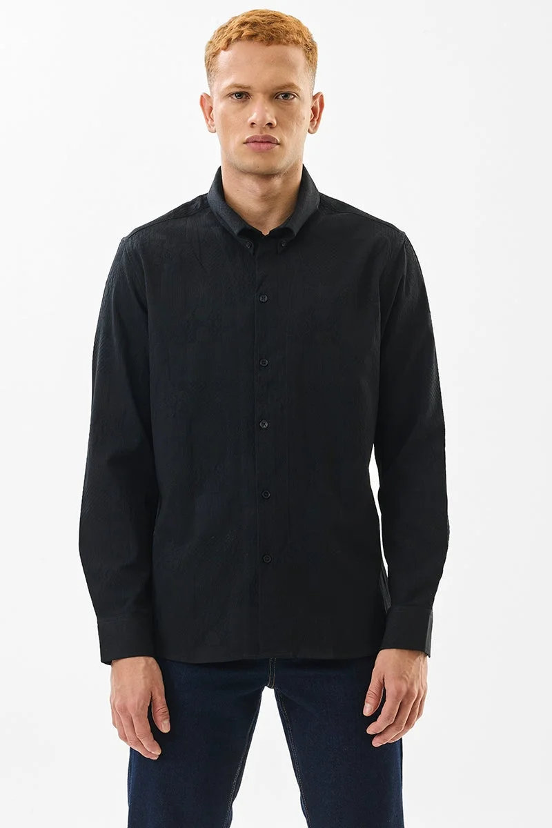 SNITCH Black Textured Long Sleeve Slim Fit Shirt