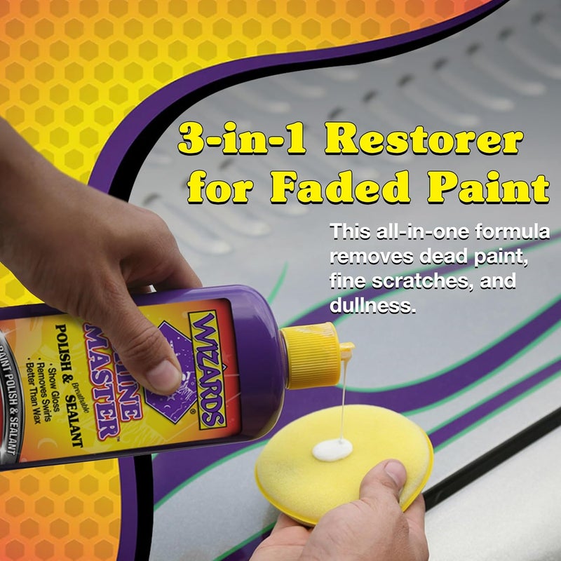 WIZARDS Shine Master Polish and Sealant - Cleans, Polishes and Seals Paint in One - Non-Carnauba Wax-Based Boat Water Spot Remover - Wax Replacement For Boat and Car Detailing Supplies - 12 oz - Image 3
