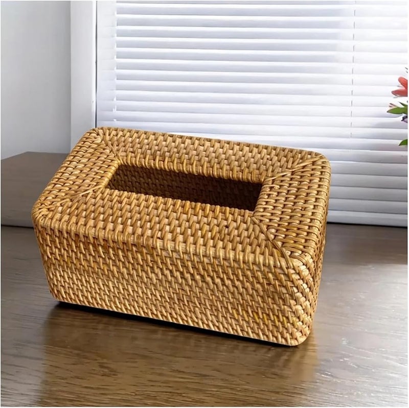 نمط 2 غطاء صندوق المناديل من الروطان مربع منسوج يدويًا حامل صواني تخزين سطح المكتب - Image 3