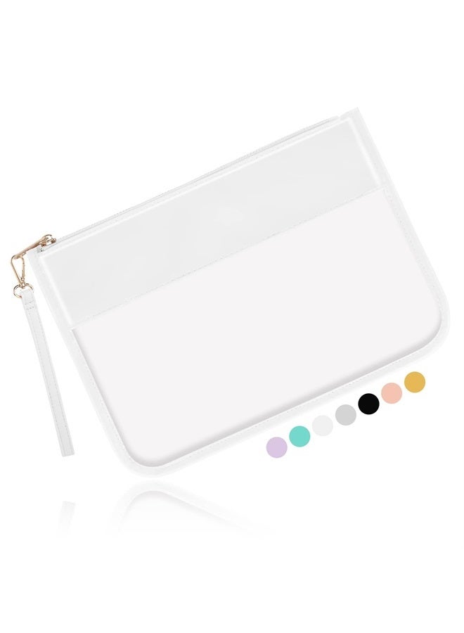 Iqimott Clear Zipper Pouch, DIY Clear Makeup Bag Cosmetic Purse for Women Girls, Preppy Chenille Letter Travel Handbag Leather Toiletry Bag(White) - Image 1