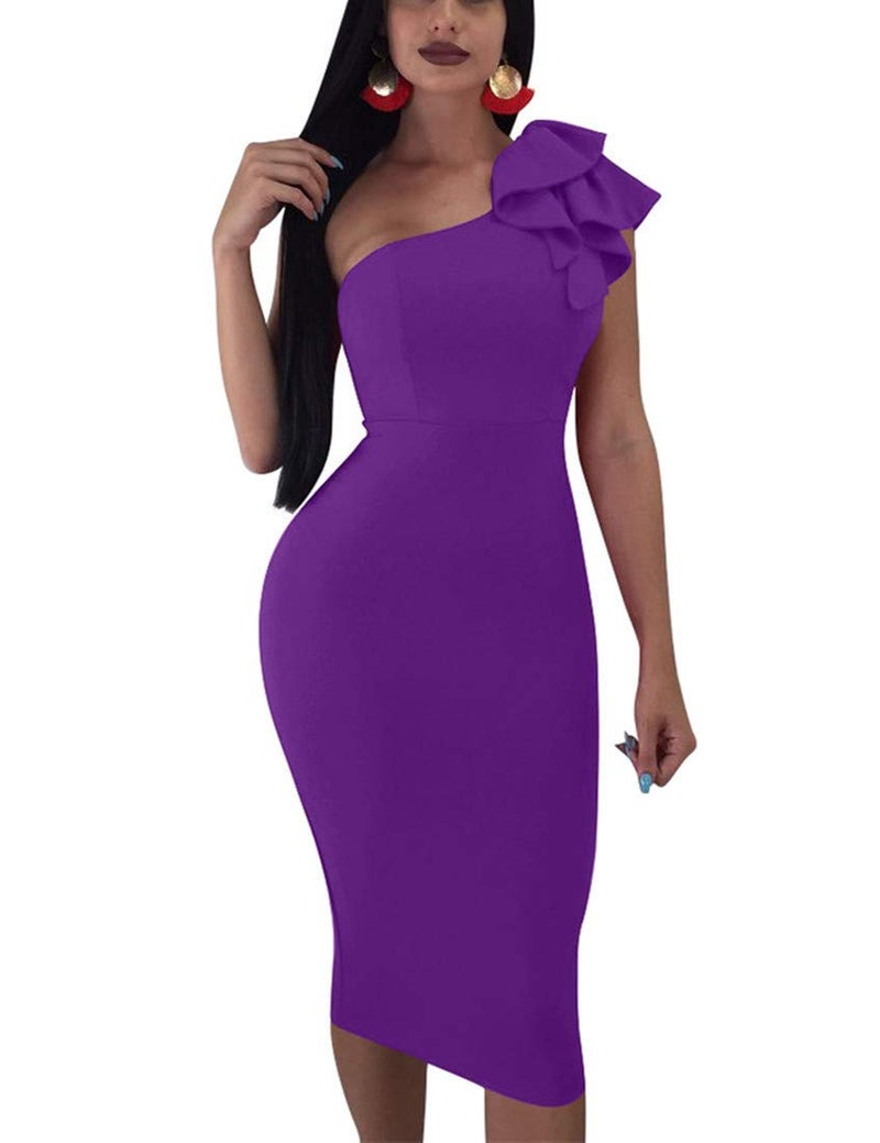 Mokoru Women's Sexy Ruffle One Shoulder Bodycon Elegant Cocktail Party Midi Dresses, Medium, Purple - Image 1