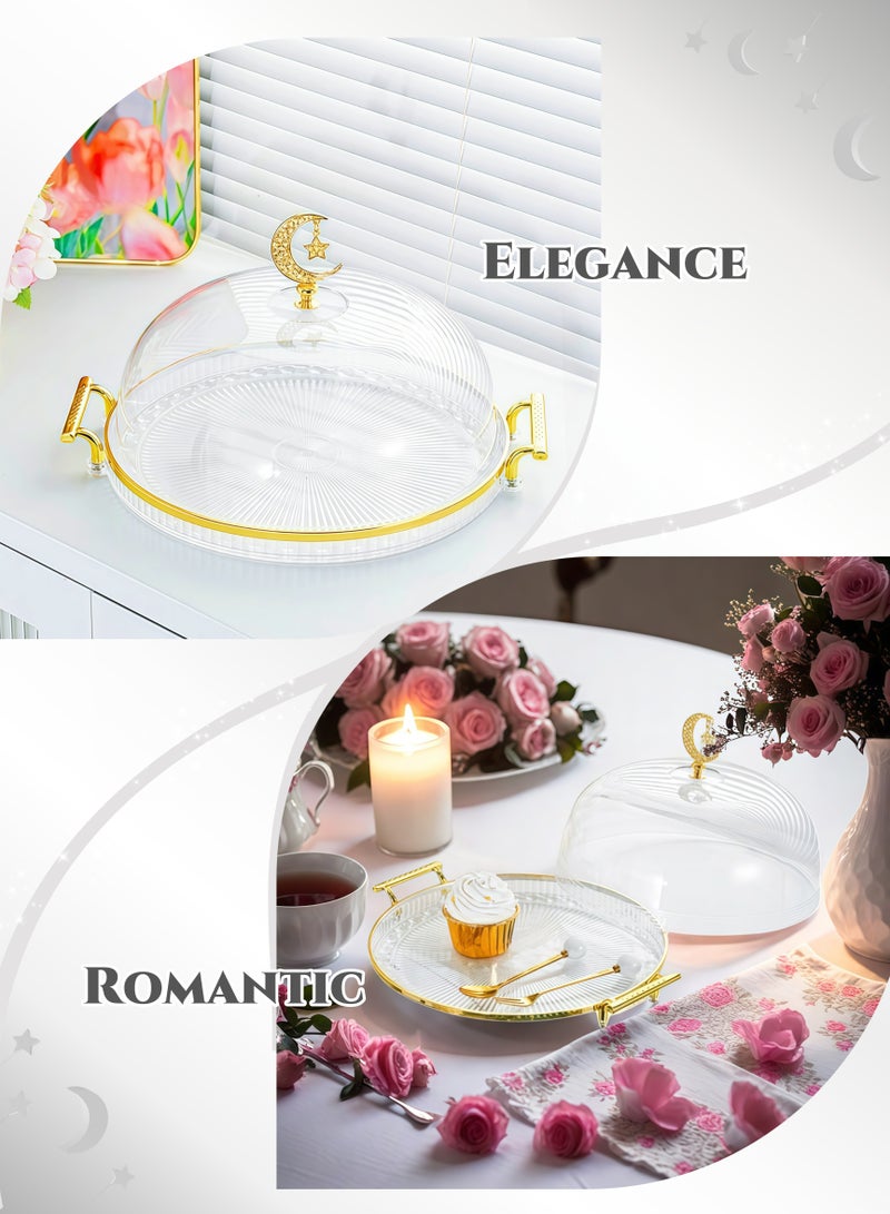 Round Gold-plated Clear Cake Stand 2 Handles Tray, Transparent  Cover,Dessert Stand Fruit Tray,Cake Tray,Display Rack, Kitchen Dining Tray, Serving Trays , Tray Decor Coffee Table Round Tray, Perfume Jewelry Trays,for Family Gatherings, Afternoon tea, Office activities, Banquet Celebrations,Hotel Restaurants(Clear 29.5X15cm)  - Image 5