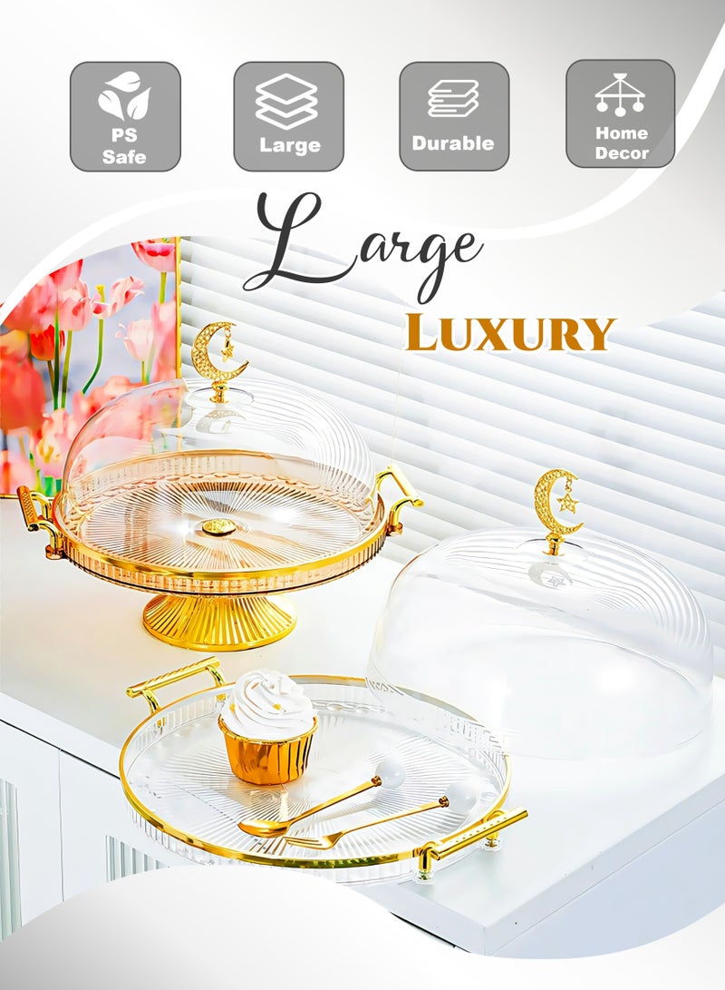 Round Gold-plated Clear Cake Stand 2 Handles Tray, Transparent  Cover,Dessert Stand Fruit Tray,Cake Tray,Display Rack, Kitchen Dining Tray, Serving Trays , Tray Decor Coffee Table Round Tray, Perfume Jewelry Trays,for Family Gatherings, Afternoon tea, Office activities, Banquet Celebrations,Hotel Restaurants(Clear 29.5X15cm)  - Image 3