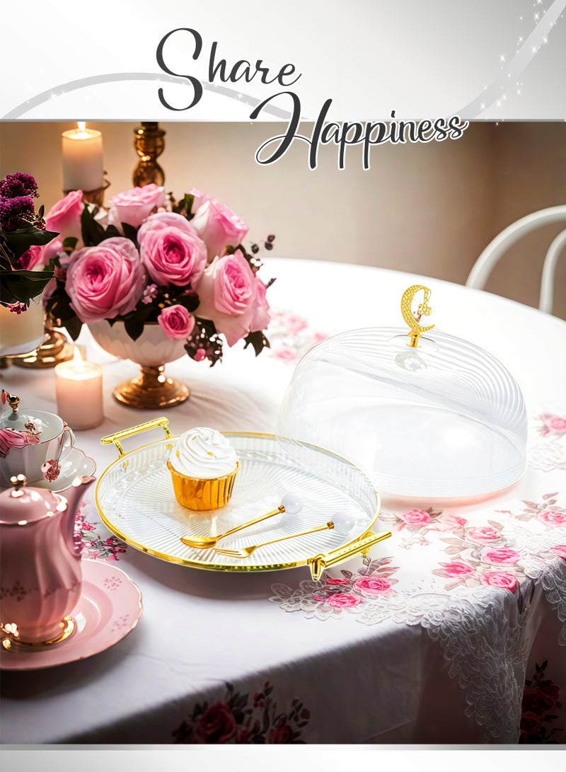 Round Gold-plated Clear Cake Stand 2 Handles Tray, Transparent  Cover,Dessert Stand Fruit Tray,Cake Tray,Display Rack, Kitchen Dining Tray, Serving Trays , Tray Decor Coffee Table Round Tray, Perfume Jewelry Trays,for Family Gatherings, Afternoon tea, Office activities, Banquet Celebrations,Hotel Restaurants(Clear 29.5X15cm)  - Image 2