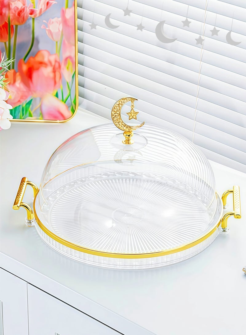 Round Gold-plated Clear Cake Stand 2 Handles Tray, Transparent  Cover,Dessert Stand Fruit Tray,Cake Tray,Display Rack, Kitchen Dining Tray, Serving Trays , Tray Decor Coffee Table Round Tray, Perfume Jewelry Trays,for Family Gatherings, Afternoon tea, Office activities, Banquet Celebrations,Hotel Restaurants(Clear 29.5X15cm)  - Image 1