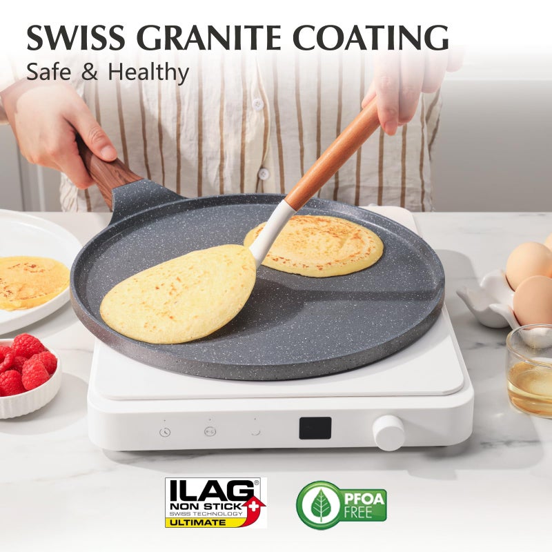 SENSARTE Nonstick Crepe Pan, Swiss Granite Coating Dosa Pan Pancake Flat Skillet Tawa Griddle 12-Inch with Stay-Cool Handle, Induction Compatible - Image 2