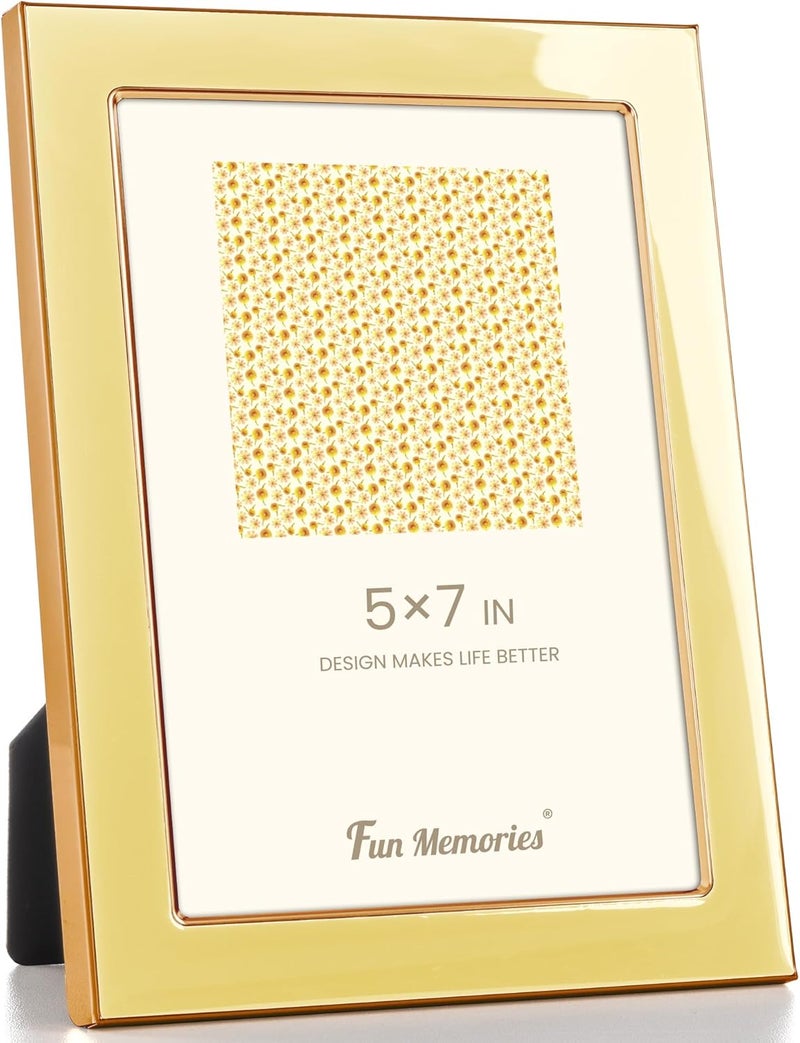 Fun Memories 5x7 Picture Frame - 1pcs Yellow Enamel Glass Photo Frame with Gold Metal Edge & Easel for Display Picture Frame on Countertops, Tabletops, Bookshelves, Desks, Walls (Yellow/Gold) - Image 1
