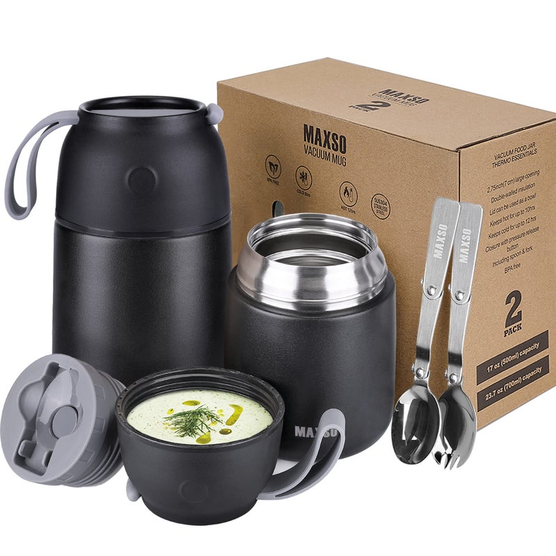 MAXSO 2 Pack Soup Thermo for Hot  Cold Food for Kids Adults Vacuum Insulated Food Jar Thermal Lunch Containers Travel Food Flask with Spoon 24 oz17 oz Black