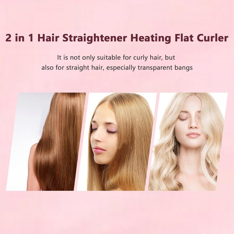 Filfeel Travel Hair Straightener, 4 Colors 2 in 1 Mini Hair Straightener Ceramic Tourmaline Plate Beauty Flat Iron Curling Iron Heating (Pink) - Image 3