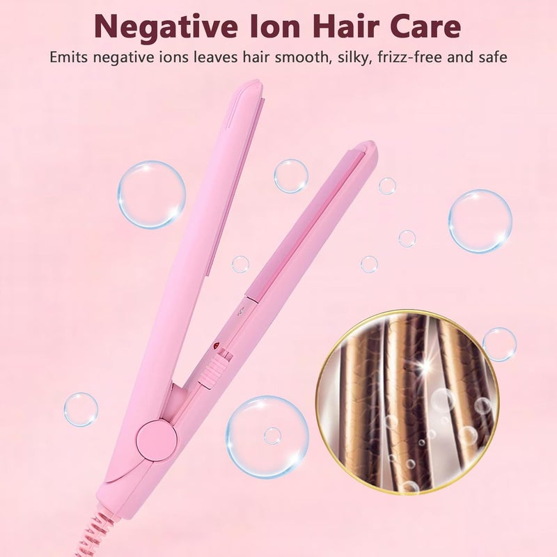 Filfeel Travel Hair Straightener, 4 Colors 2 in 1 Mini Hair Straightener Ceramic Tourmaline Plate Beauty Flat Iron Curling Iron Heating (Pink) - Image 2