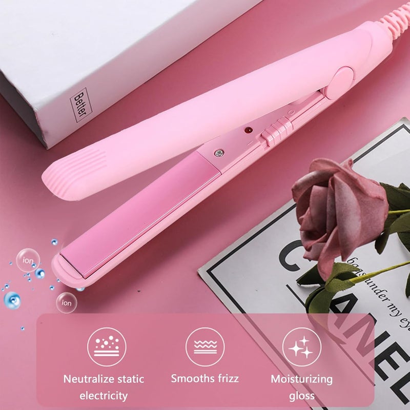 Filfeel Travel Hair Straightener, 4 Colors 2 in 1 Mini Hair Straightener Ceramic Tourmaline Plate Beauty Flat Iron Curling Iron Heating (Pink) - Image 1