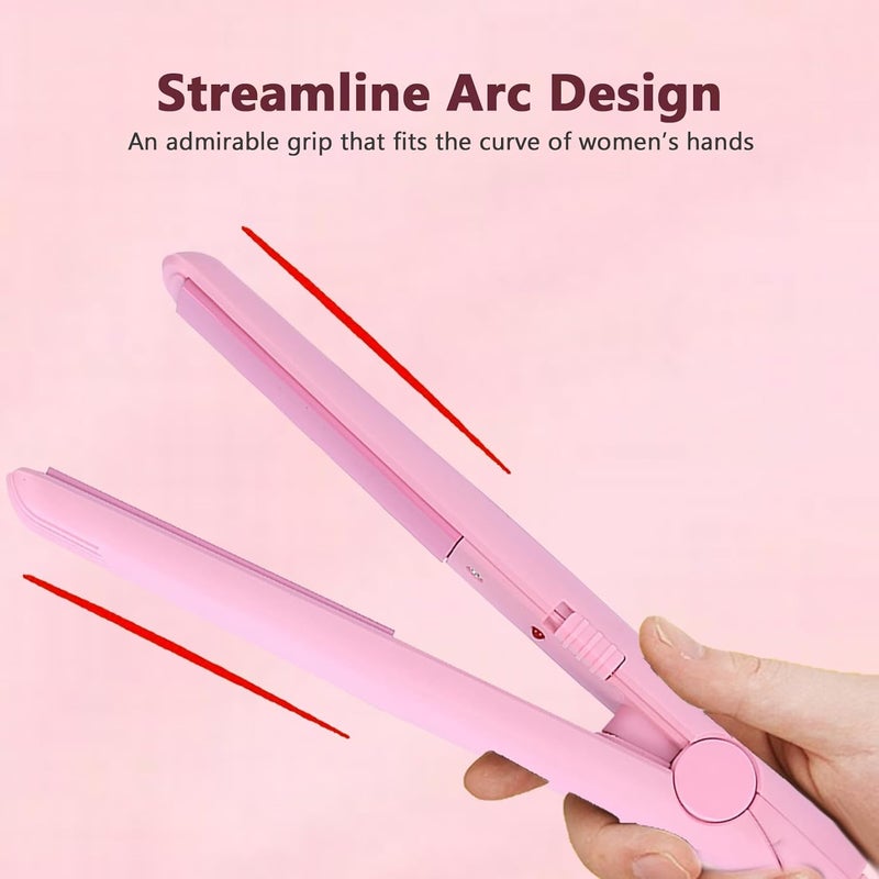 Filfeel Travel Hair Straightener, 4 Colors 2 in 1 Mini Hair Straightener Ceramic Tourmaline Plate Beauty Flat Iron Curling Iron Heating (Pink) - Image 4