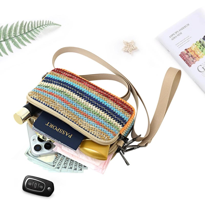 BBORGDC Small Crossbody Bags for Women, 3-Zipper Straw Woven Clutch, RFID Wristlet Wallet, Beach Boho Purse with Phone Pocket - Image 5