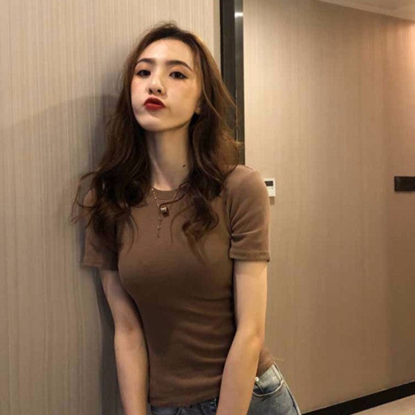 Generic 2024 Summer Slim-Fit Solid Tee Coffee solid color