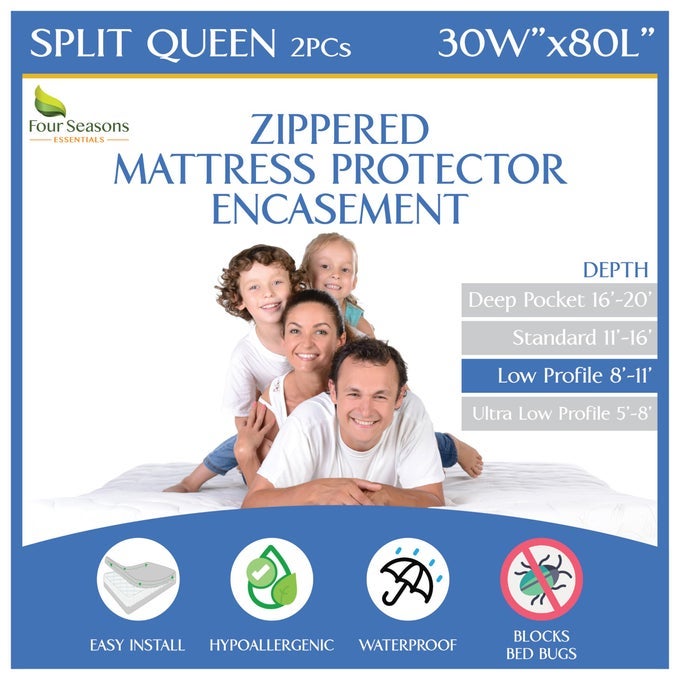 SPLIT QUEEN MATTRESSBOX SPRING ENCASEMENT 30 X 80 2PCS WATERPROOF ZIPPERED PROTECTOR PREMIUM QUALITY HYPOALLERGENIC BED COVER PROTECTS AGAINST DUST BREATHABLE SMOOTH FABRIC