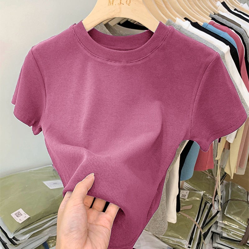 TikTok Quality American Style Back Bag Collar T-Shirt Womens Shoulder Short Sleeve European New Slimming Cotton Stacked Base Top YXQ#888# rose purple