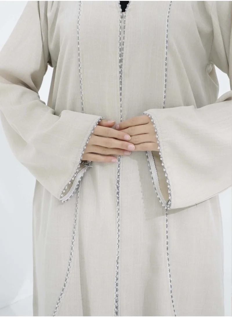 MSquare Fashion Beige V-Neck Embroidered Abaya With Matching Headscarf