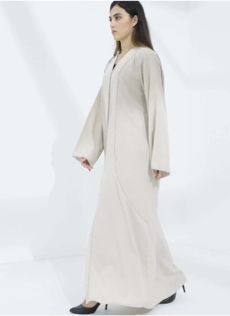 MSquare Fashion Beige V-Neck Embroidered Abaya With Matching Headscarf