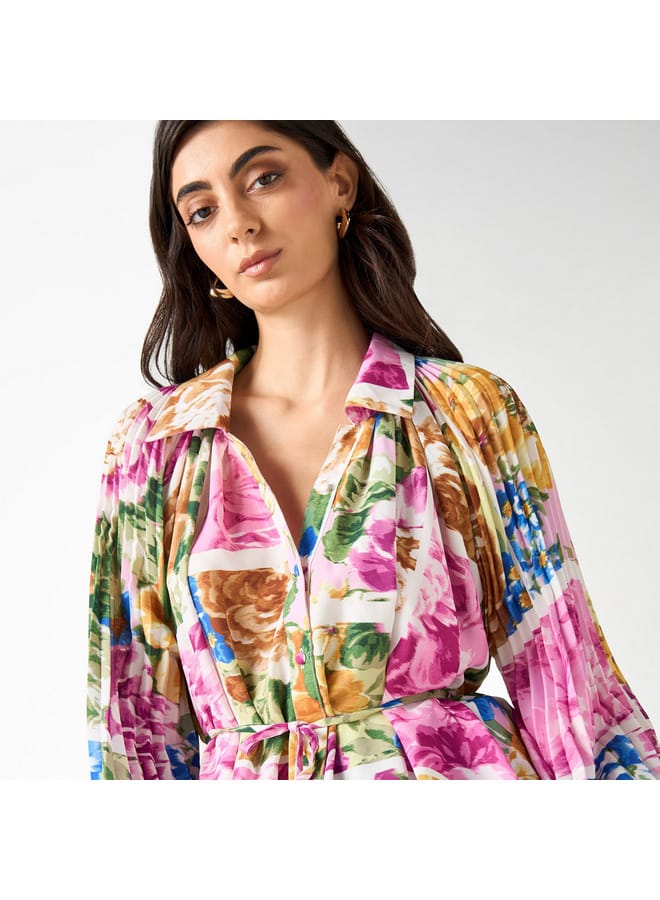 Iconic Iconic All-Over Floral Print Shirt with Tie-Up Belt and Volume Sleeves - Image 4